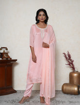 Blush pink chinon embroidered kurta suit set